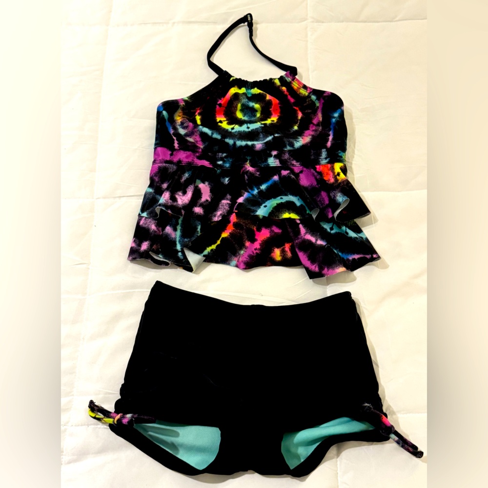 Girls XS colorful bathing suit with shorts